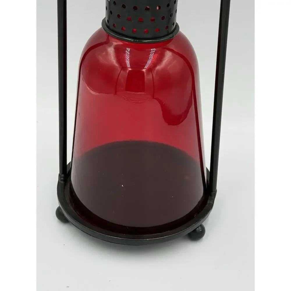 VTG Red GLASS METAL STAND Chimney Candle Hurricane Holder Lantern 17